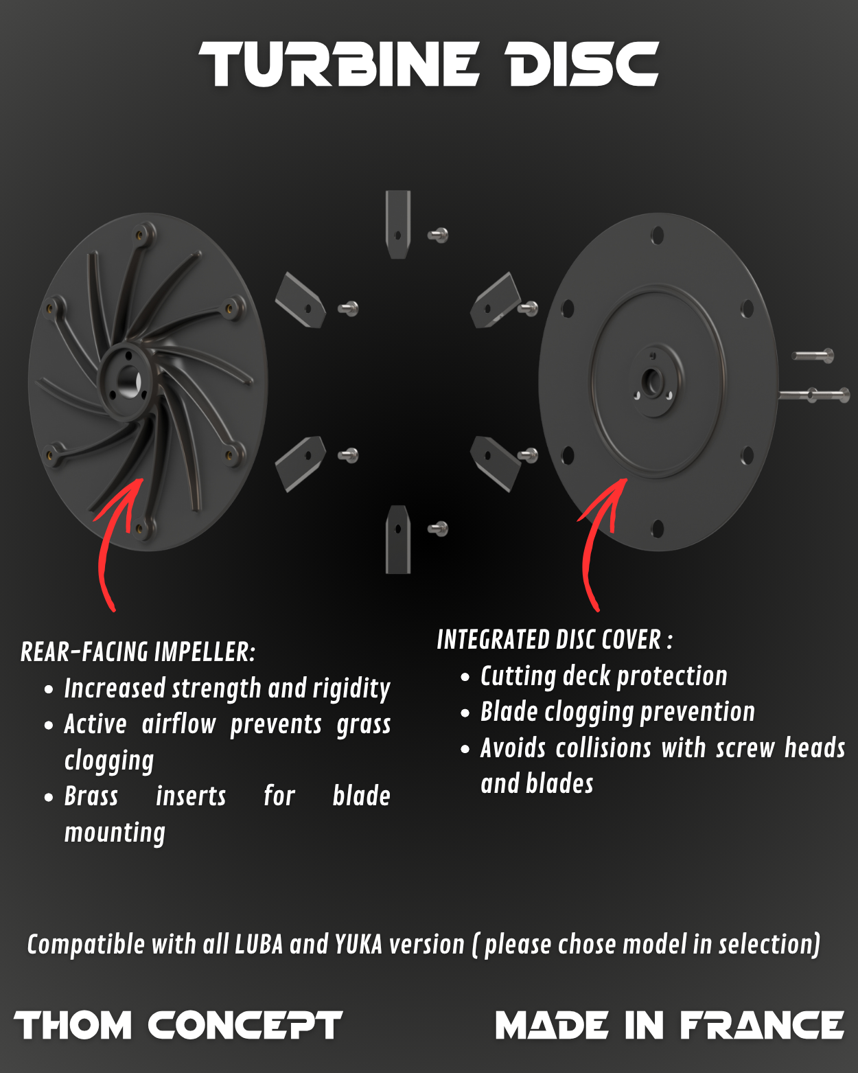Disque turbine en vue éclatée avec ailettes et couvercle intégré