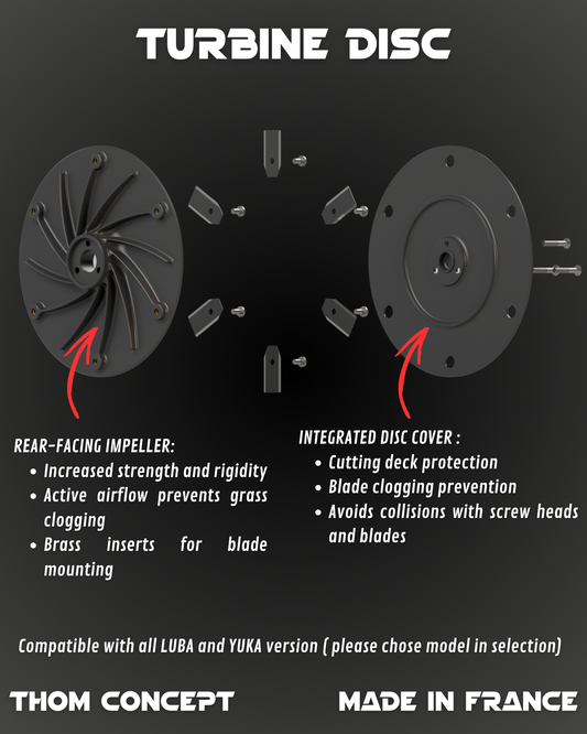 Disque turbine en vue éclatée avec ailettes et couvercle intégré
