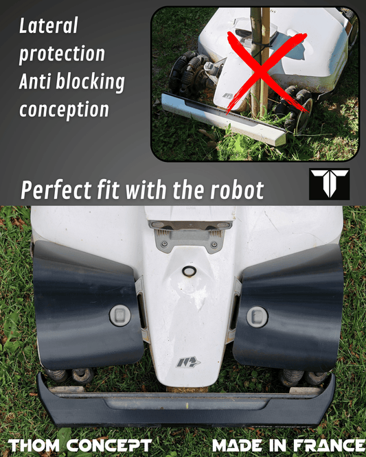 Vue avant illustrant la protection latérale du garde‑boue LUBA et la prévention du blocage par piquets ou branches