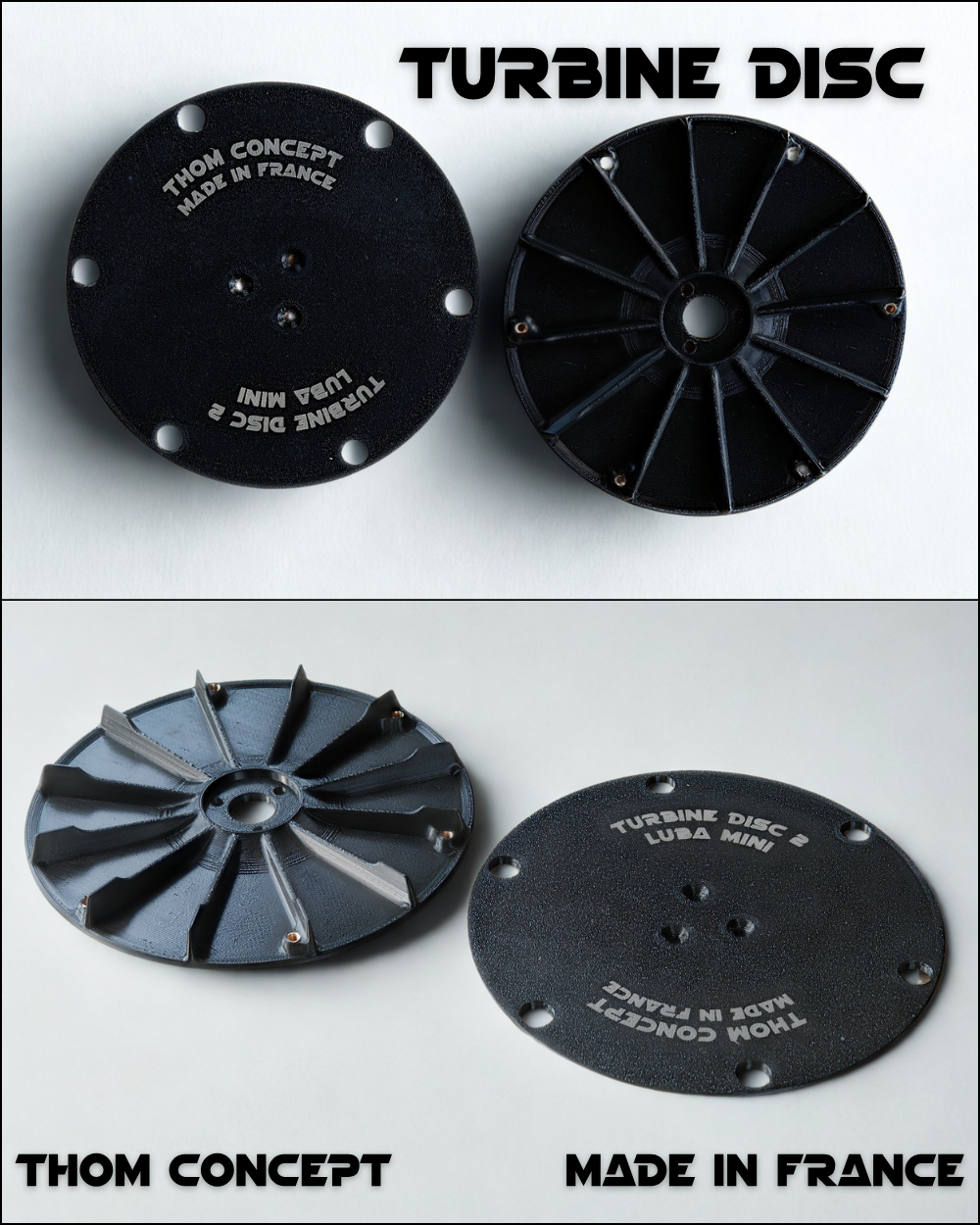 Ensemble de disques Turbine Disc V2 Thom Concept, comparatif des faces avant et arrière du disque pour Luba Mini.