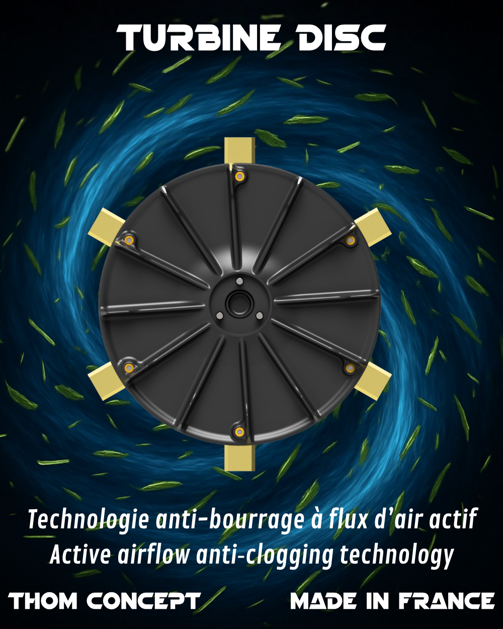Disque Turbine Disc V2 avec effet de ventilation active anti-bourrage, visuels de flux d’air dynamiques Thom Concept Made in France.